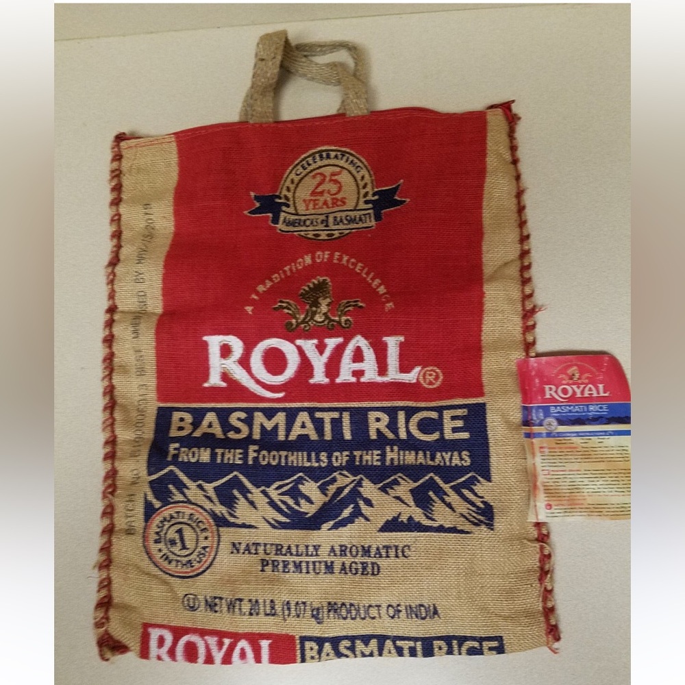 Red and Tan  Burlap bag